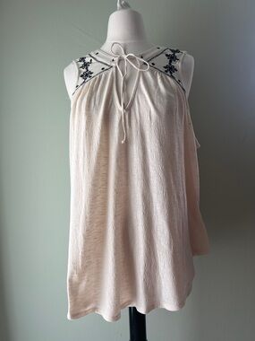 Cream Sleeveless Embroidered Tie-Neck Camisole